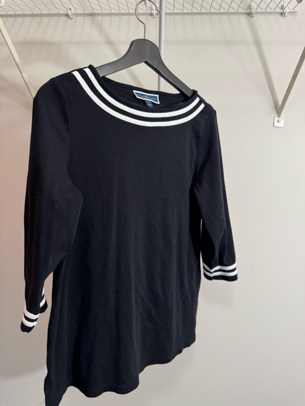 Karen Scott Black 3/4th Sleeve Top with White Double Stripes